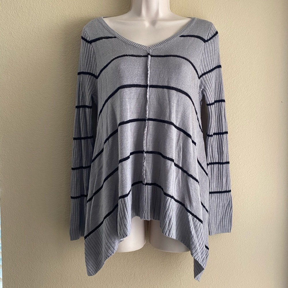 Grey + Black Loose Fit High Low Striped Sweater
